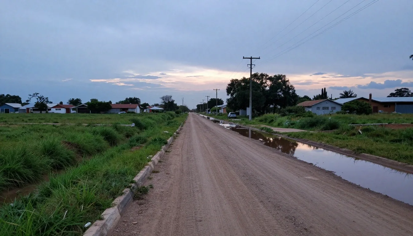 Calle de tierra con zanjas y postes en zona de lotes del conurbano
