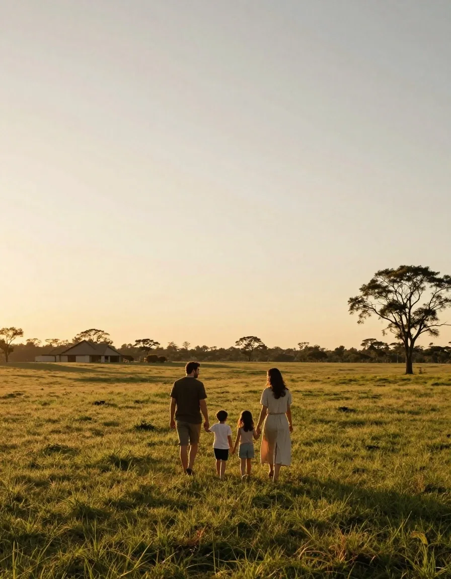 Familia recorriendo un lote abierto al atardecer