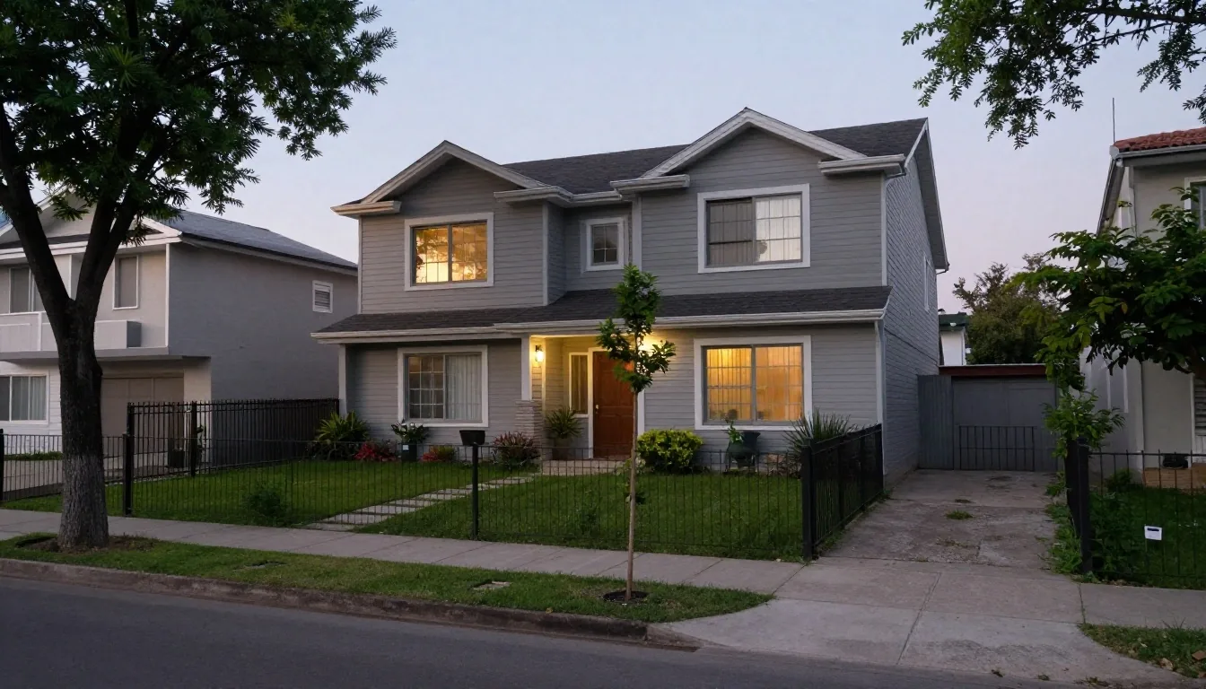 Lote suburbano con estacas y casas en construcción en Buenos Aires