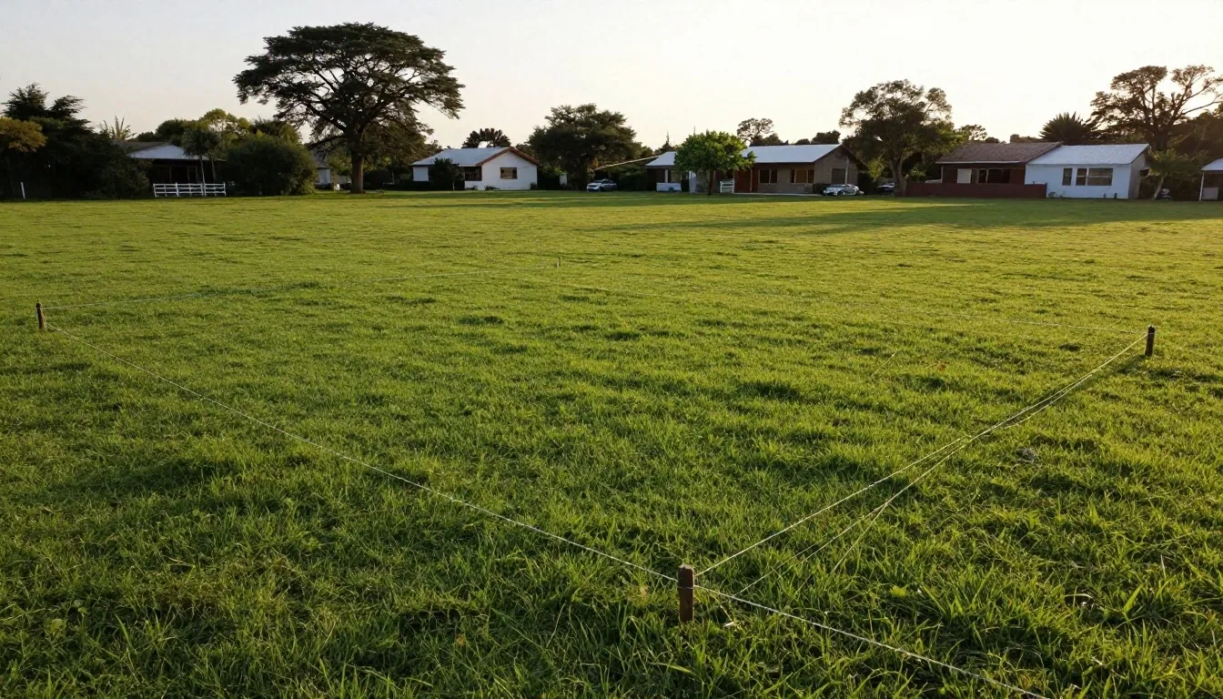 Loteo pampeano al atardecer con estacas de límite hasta el horizonte