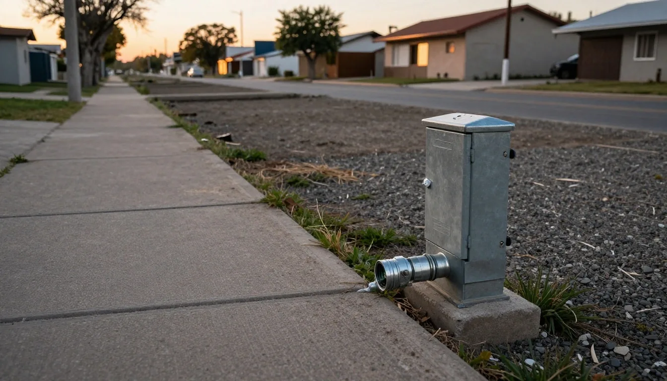 Poste de luz y conexiones en loteo suburbano al atardecer