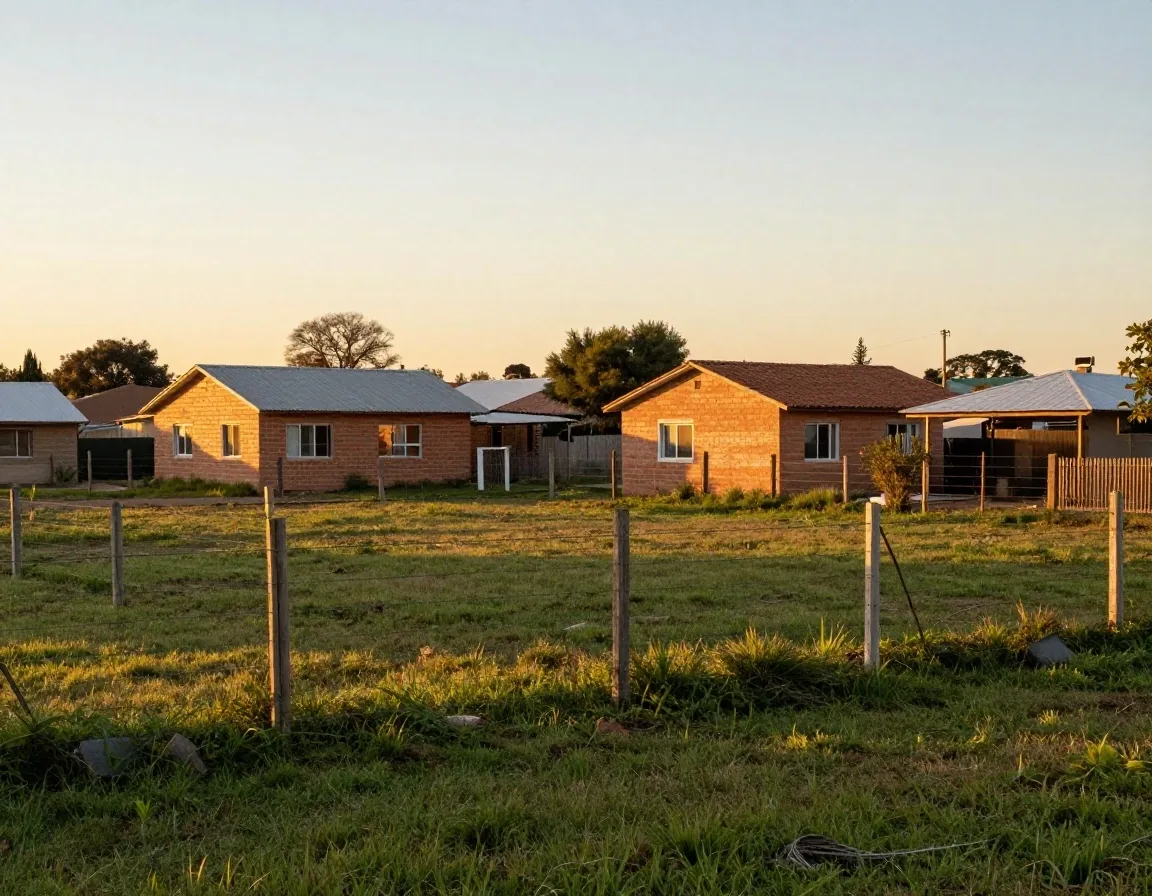 Camino de loteo pampeano al atardecer con pastizal y casas bajas