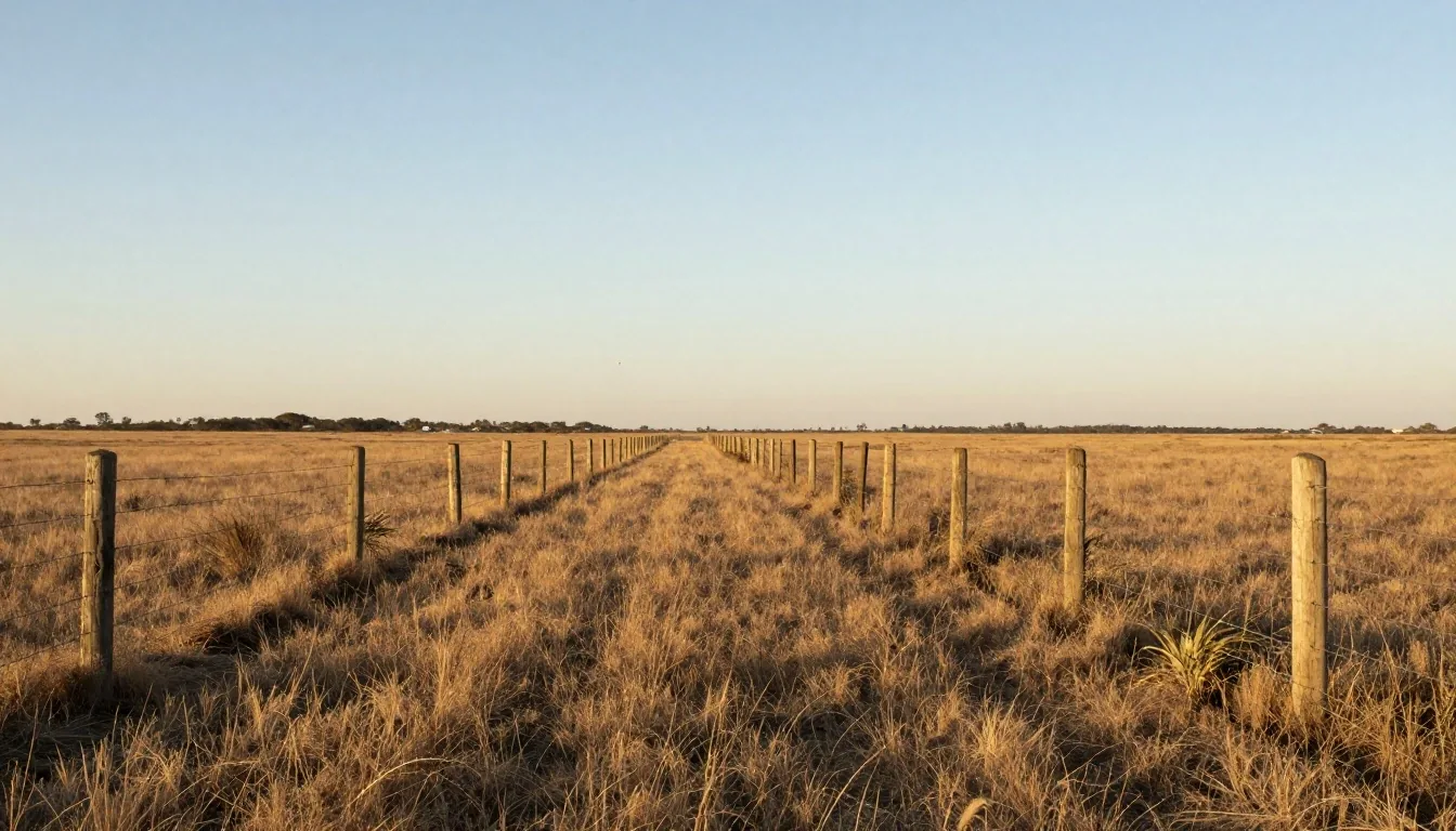 Loteo pampeano al atardecer con estacas y alambrado hasta el horizonte