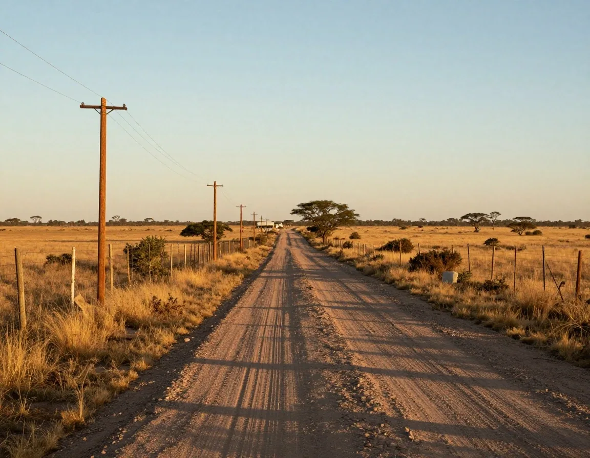 Calle de tierra con postes de luz y acceso a lotes