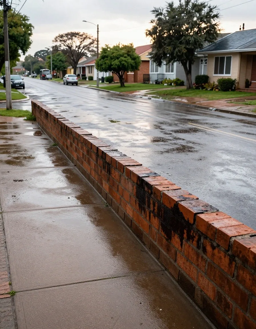 Calle barrial con lote bajo y marcas de agua tras la lluvia