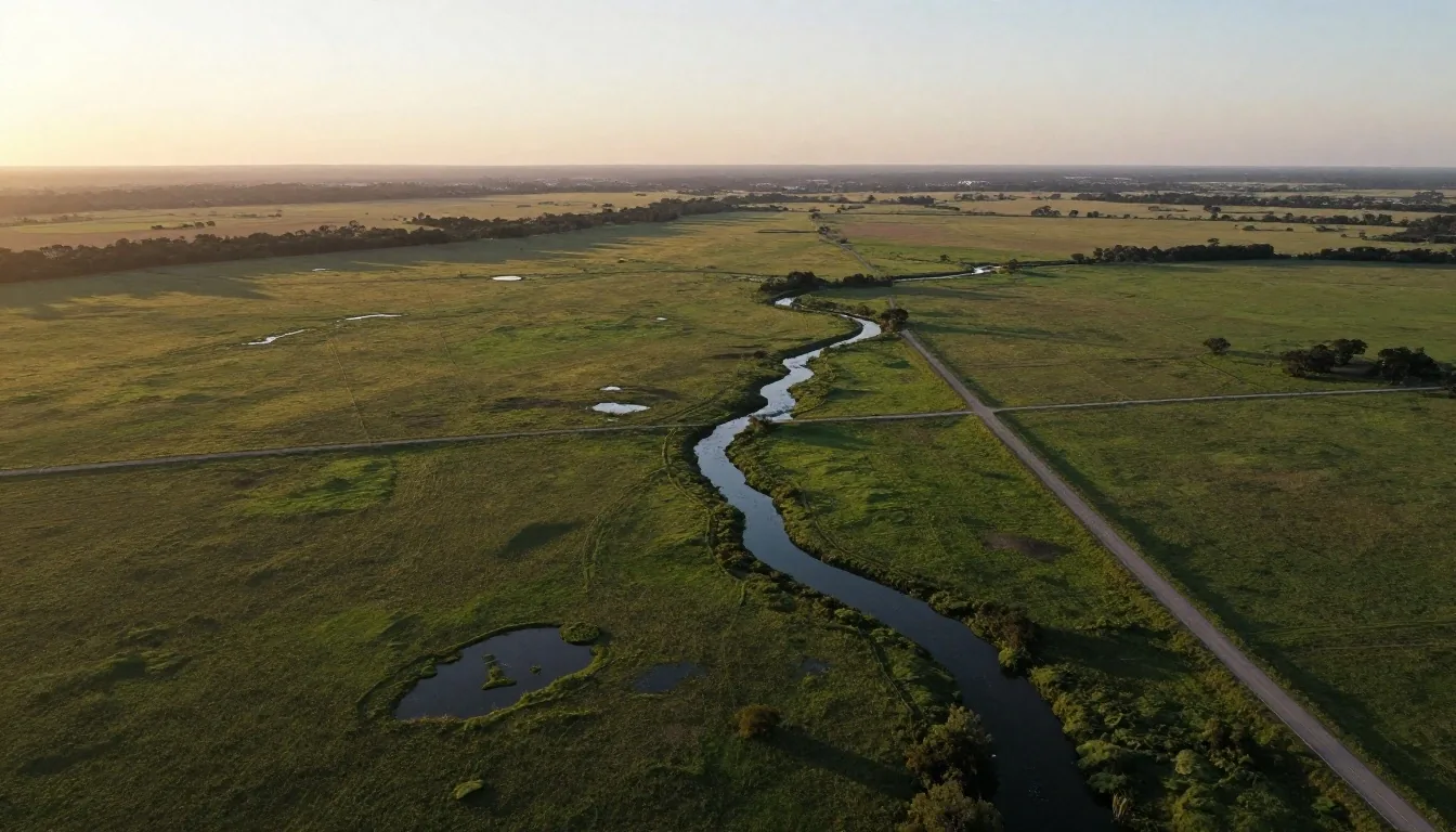 Vista aérea de cuadrícula rural con bañados y arroyos en la llanura