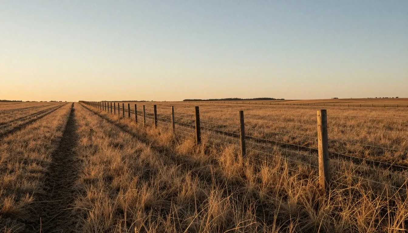Loteo pampeano al atardecer con estacas y alambrado hasta el horizonte