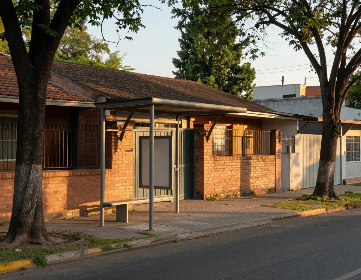 Cuadra suburbana con parada de colectivo y casas bajas a la tarde