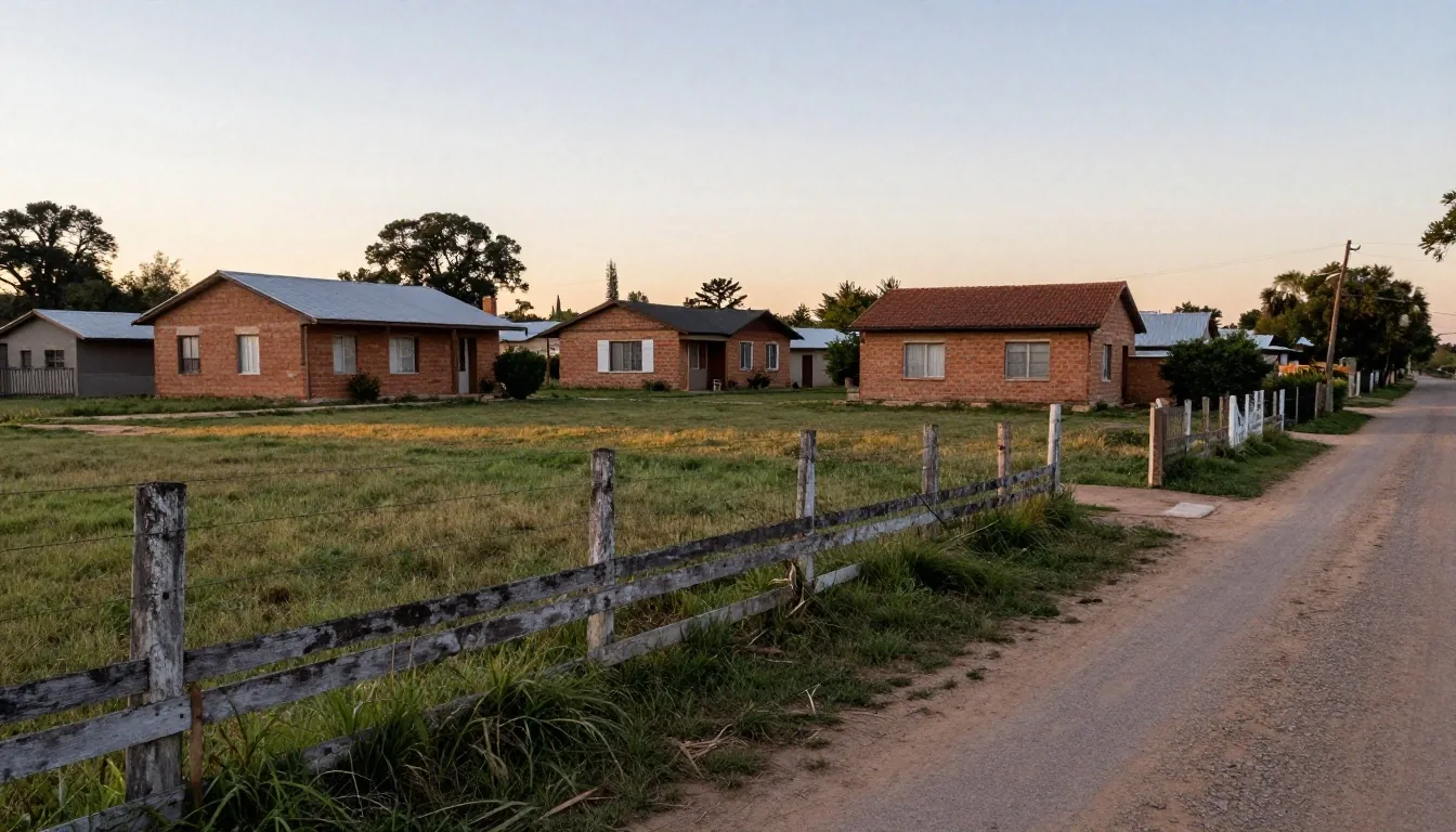 Loteo pampeano al atardecer con estacas y alambrados hasta el horizonte