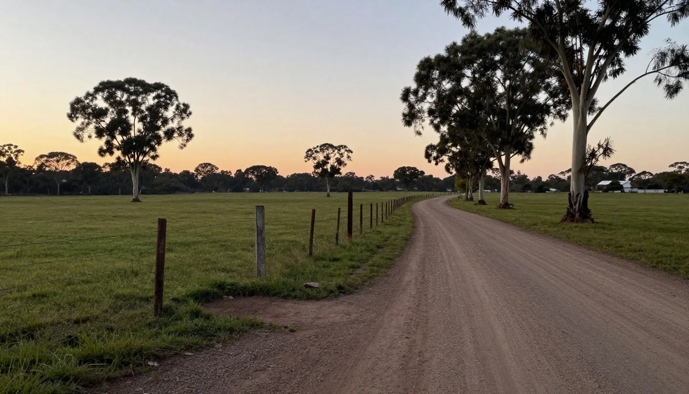 Loteo pampeano con estacas y alambrado al atardecer